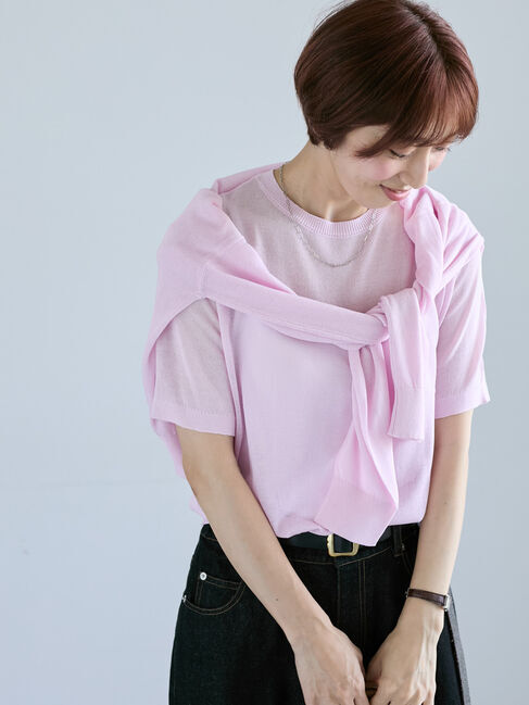 Lugnoncure「麻タッチ半袖ニット」|ニット・セーター|ピンク