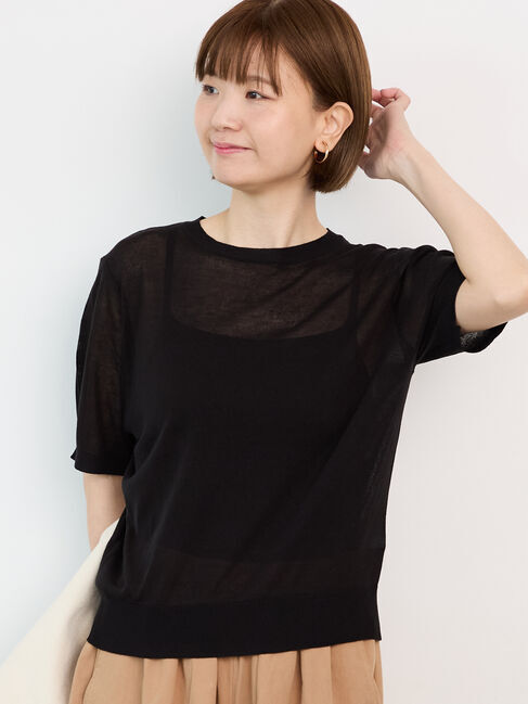 Lugnoncure「麻タッチ半袖ニット」|ニット・セーター|ブラック