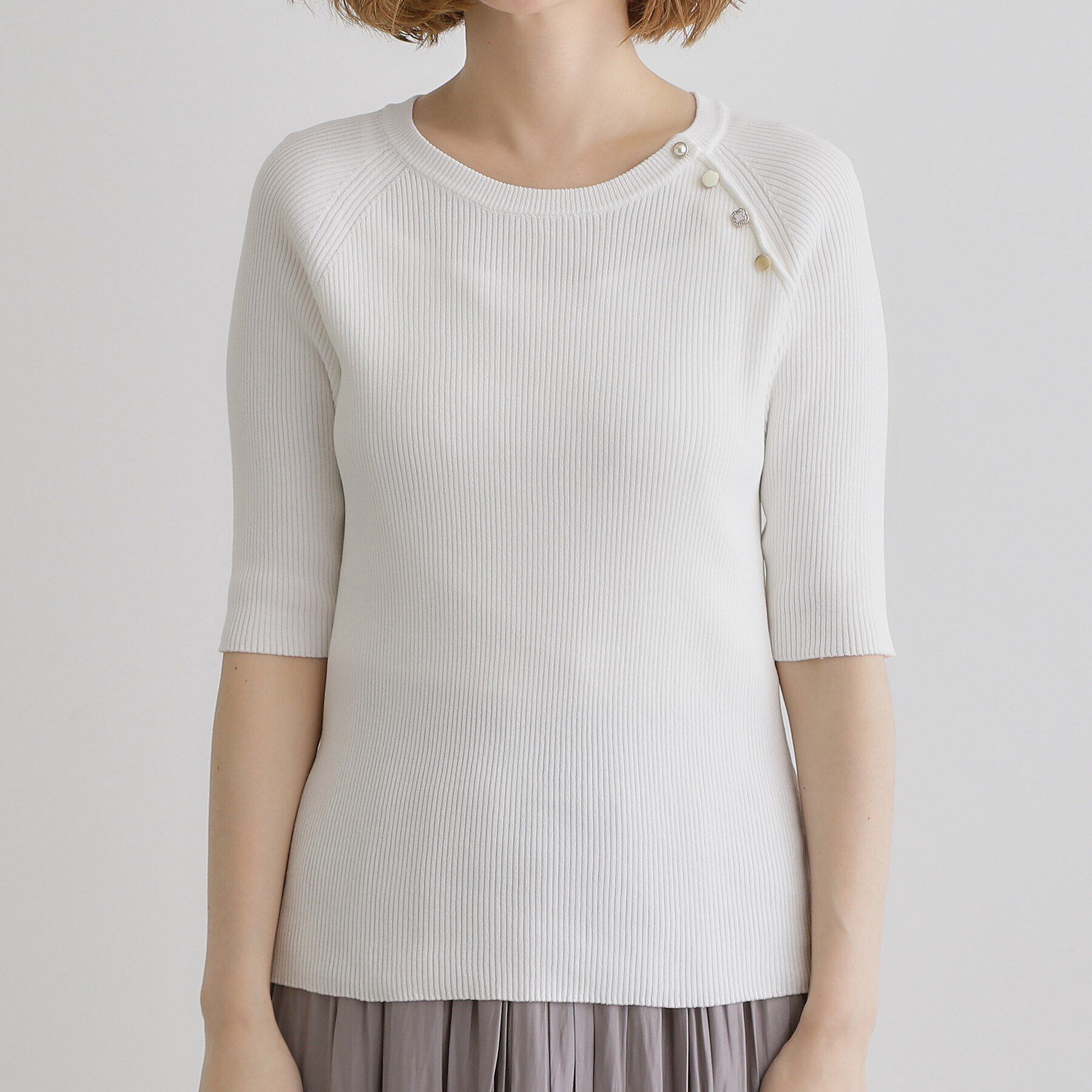 grove「【雑誌掲載】多釦ラグランリブ5分袖プルオーバー」|ニット・セーター|