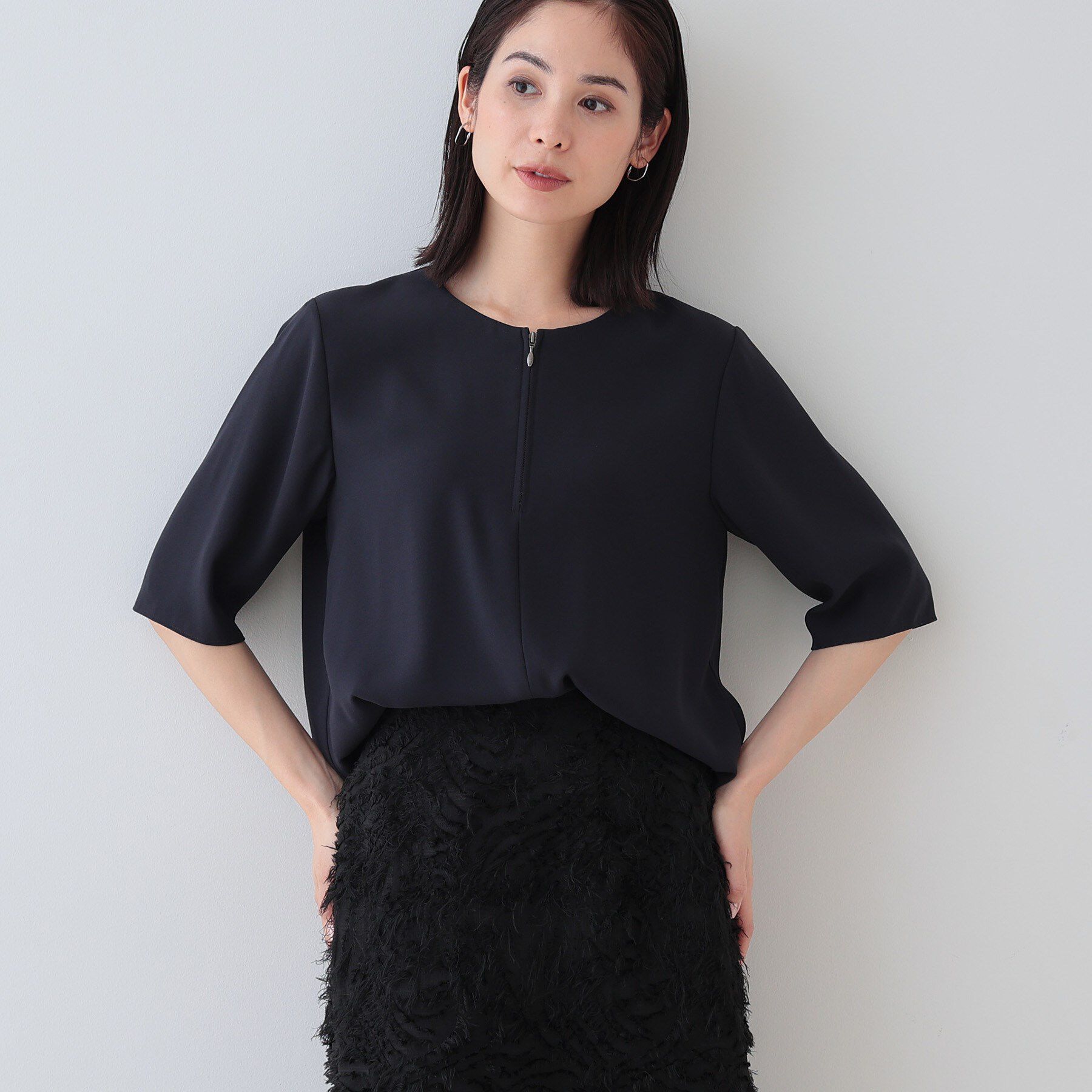 INDIVI「【洗える】ハーフジップデザインブラウス」|シャツ・ブラウス|ネイビー(094)