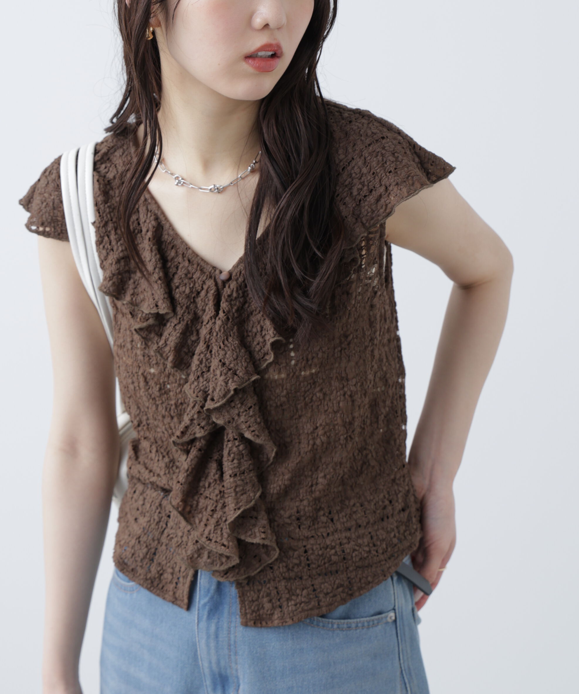  「レースラッフルフリルフレンチブラウス」|シャツ・ブラウス|ブラウン