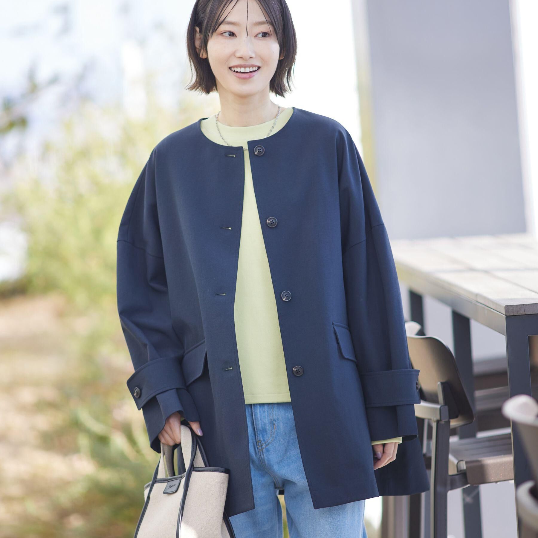 Dessin「【花粉ガード/撥水加工/洗える】クルーネックスプリングコート」|ノーカラーコート|