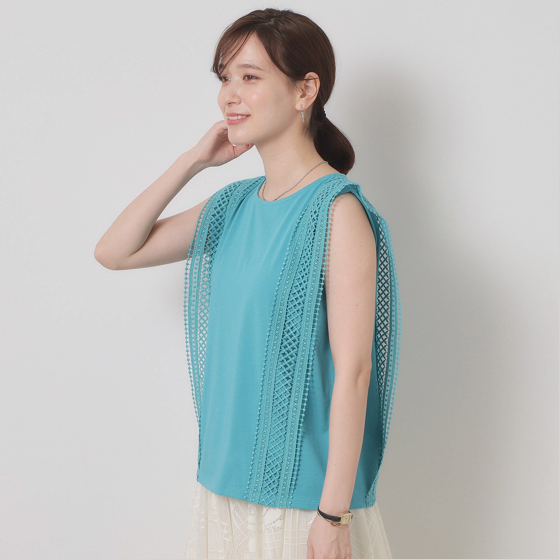 ITS&rsquo;DEMO「【洗濯機OK】ショルダーレースプルオーバー」|Tシャツ・カットソー|ブルーグリーン(09