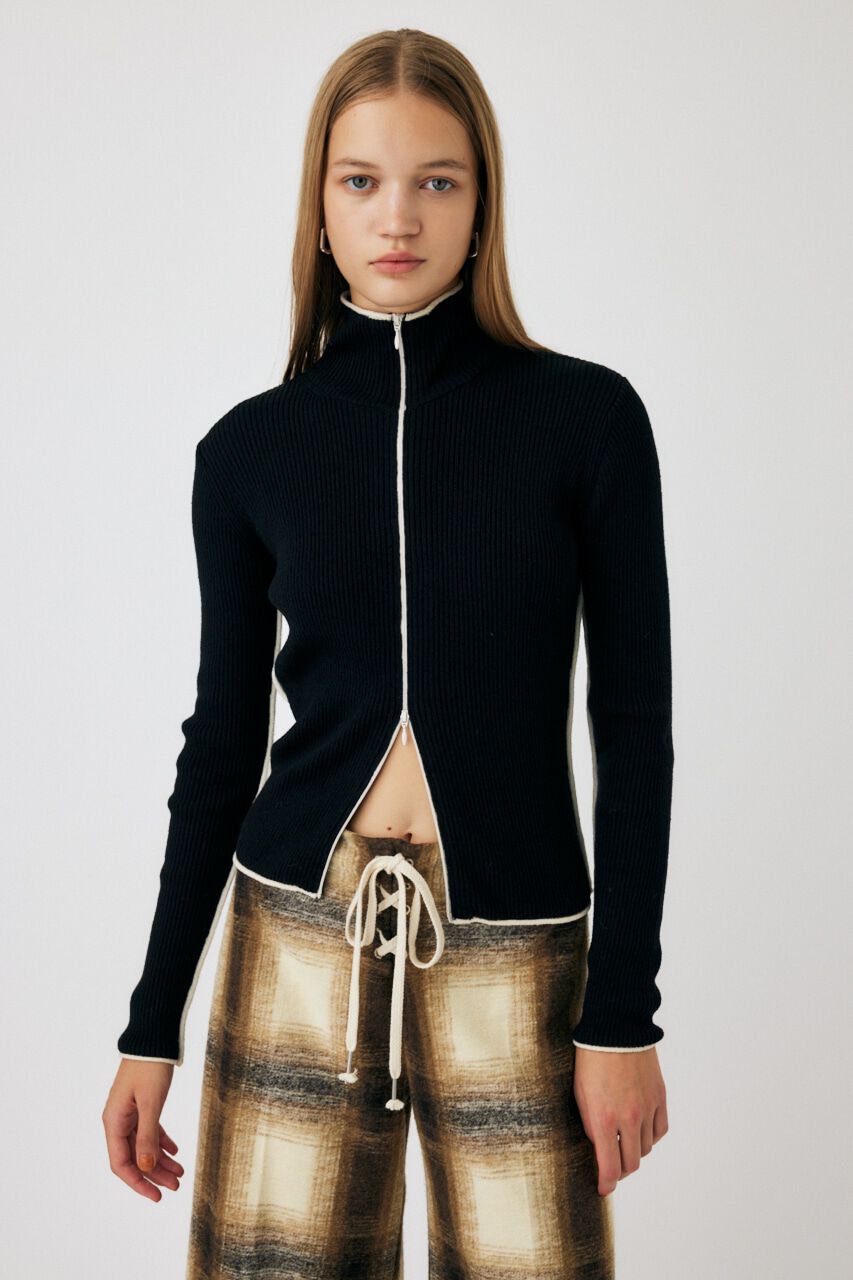 MOUSSY「BI COLOR ZIP UP RIB ニット」|ニット・セーター|BLK