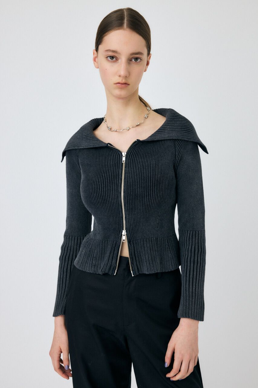 MOUSSY「BIG COLLAR ZIP UP ニットトップス」|ニット・セーター|L/BLK1