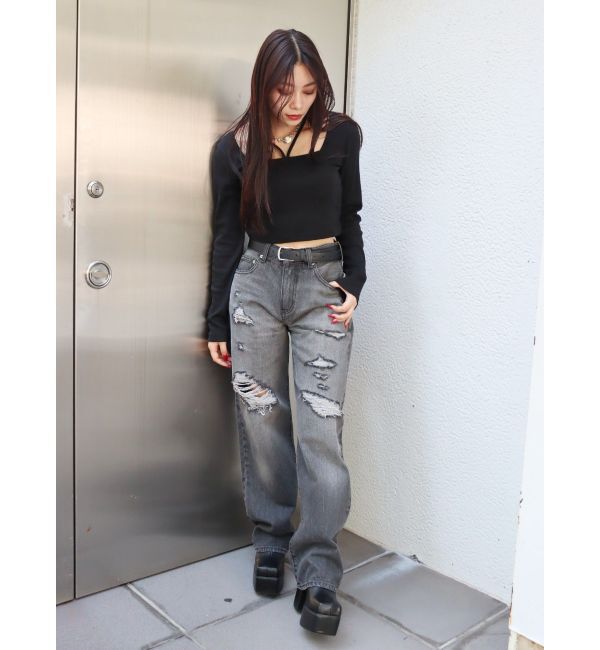 EVRIS「ランダムダメージセミワイドデニムパンツ」|デニム|