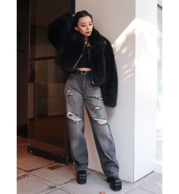 EVRIS「ランダムダメージセミワイドデニムパンツ」|デニム|