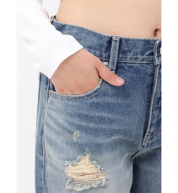 EVRIS「ランダムダメージセミワイドデニムパンツ」|デニム|