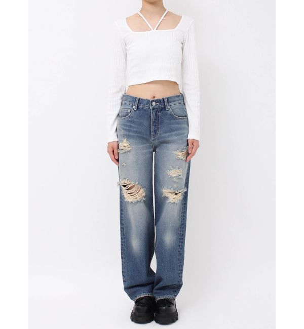 EVRIS「ランダムダメージセミワイドデニムパンツ」|デニム|