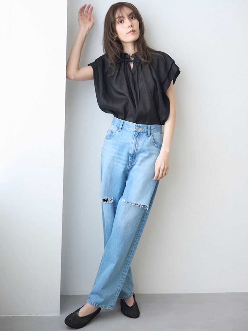 Mila Owen「【WEB限定00サイズ】ワイドテーパードカットアウトデニムパンツ」|デニム|