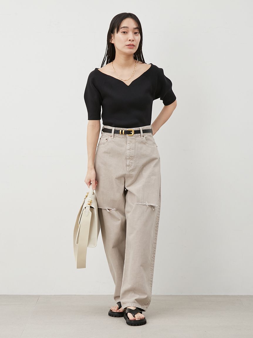 Mila Owen「【WEB限定00サイズ】ワイドテーパードカットアウトデニムパンツ」|デニム|