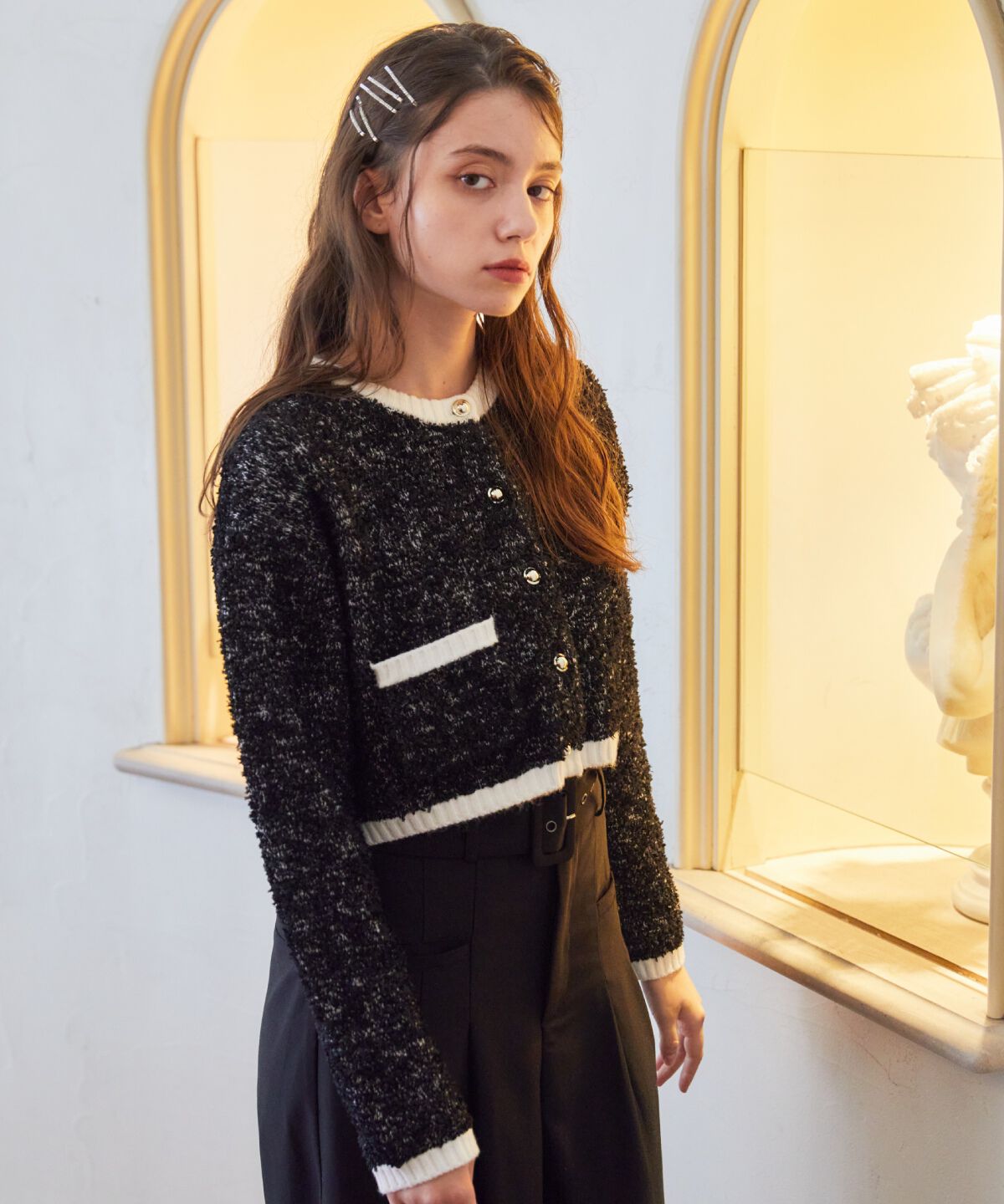 REDYAZEL「ゴールドボタンジャケットカーディガントップス」|カーディガン|黒系その他