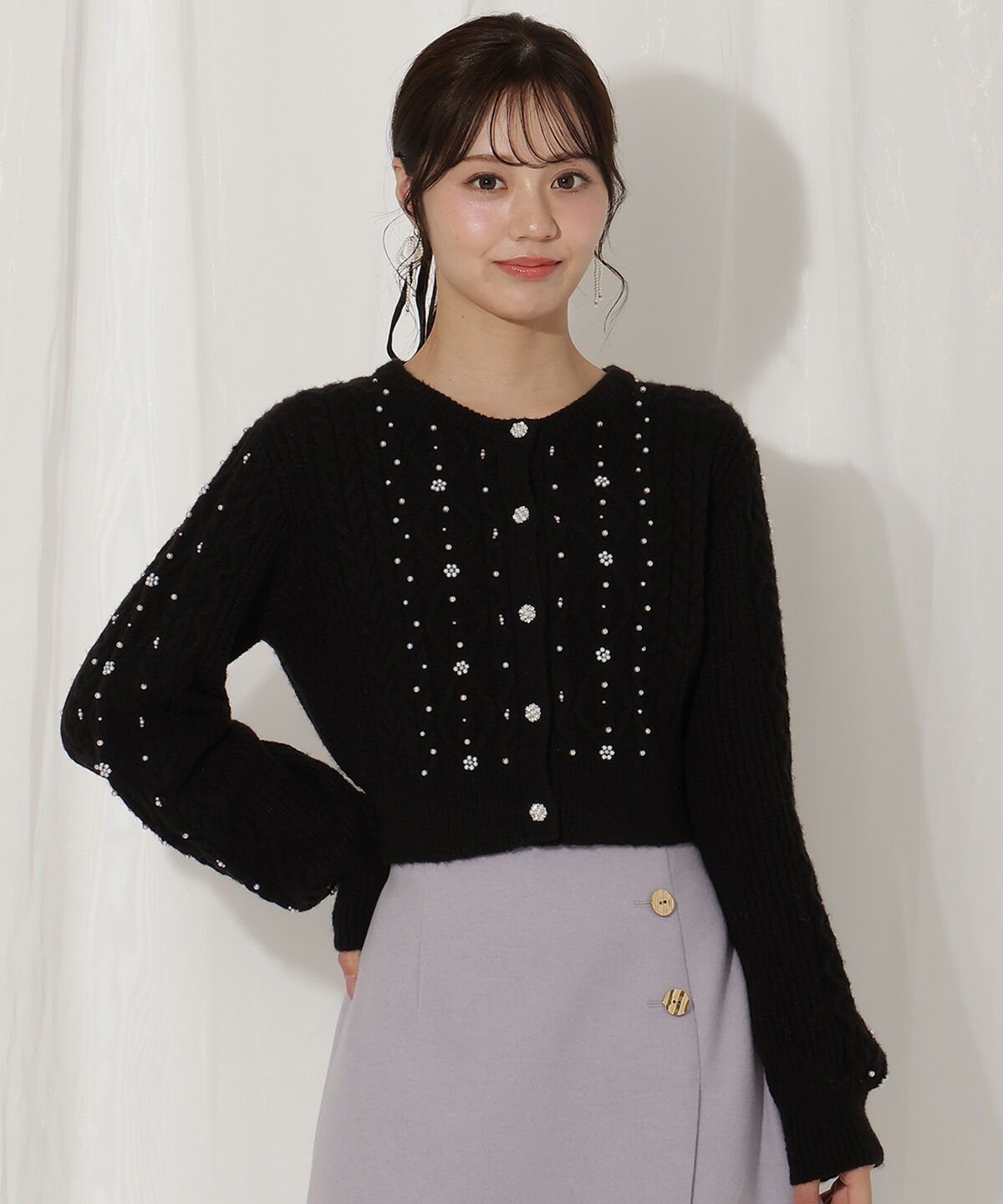 WILLSELECTION「パール付きケーブルカーディガン」|カーディガン|ブラック