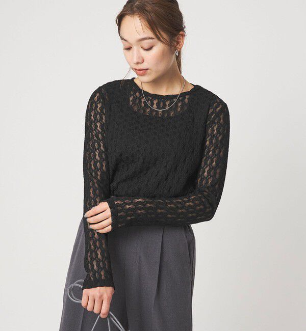 UNITED ARROWS green label relaxing「【WEB限定】＜at ease＞シャーリングレース プルオーバー カットソー」|Tシャツ・カットソー|BLACK