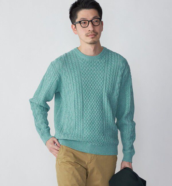 SHIPS「SHIPS:〈手洗い可能〉リネン/コットン TEXBRID(R) ランダムアラン クルーネックニット」|ニット・セーター|ライトグリーン