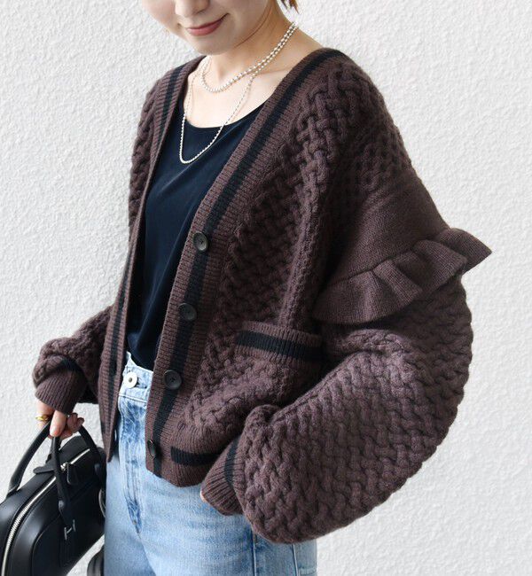 SHIPS for women「【WEB限定】袖 フリル チルデン ケーブル ライン カーディガン」|カーディガン|