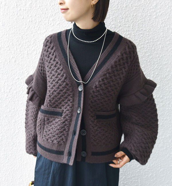 SHIPS for women「【WEB限定】袖 フリル チルデン ケーブル ライン カーディガン」|カーディガン|