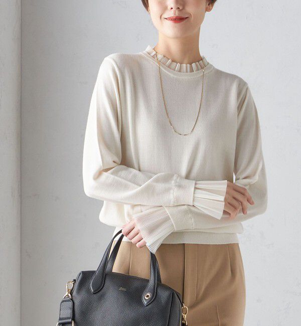 SHIPS for women「〈手洗い可能〉オーガンジー プリーツ ハイゲージ ニット」|ニット・セーター|オフホワイト