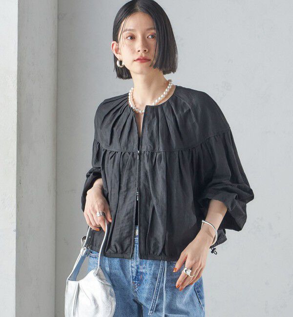 SHIPS for women「〈手洗い可能〉リネン混 シアー ギャザー ブルゾン」|ブルゾン・スタジャン|