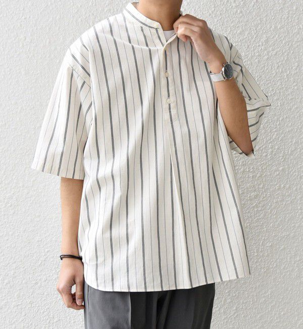 SHIPS any「SHIPS any: 〈洗濯機可能〉コットン/リネン ストライプ バンド スキッパー ハーフスリーブ シャツ◇」|シャツ・ブラウス|