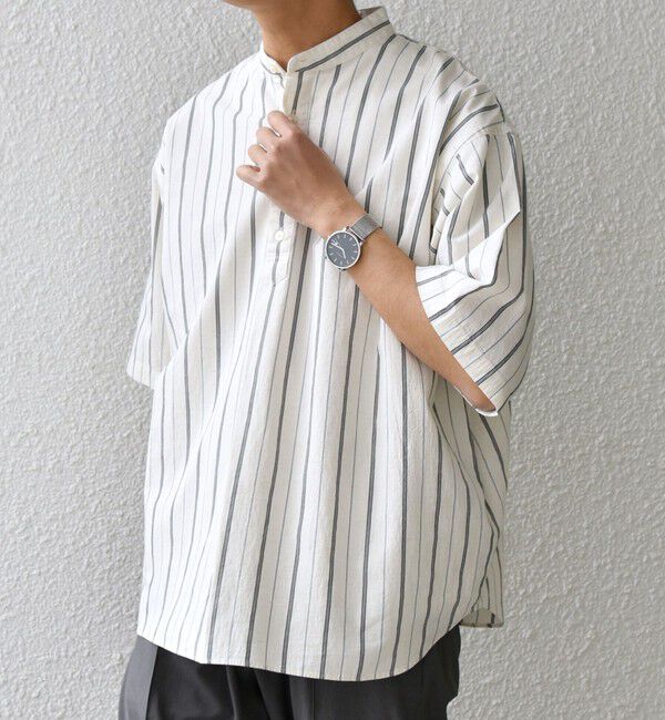 SHIPS any「SHIPS any: 〈洗濯機可能〉コットン/リネン ストライプ バンド スキッパー ハーフスリーブ シャツ◇」|シャツ・ブラウス|