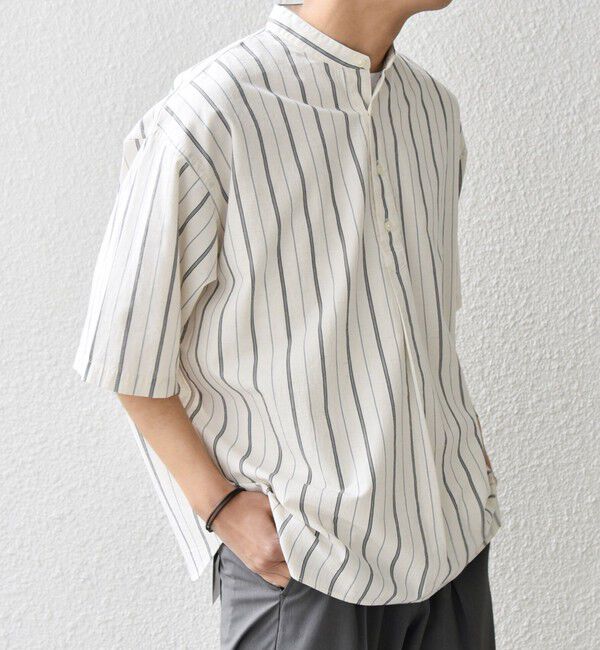 SHIPS any「SHIPS any: 〈洗濯機可能〉コットン/リネン ストライプ バンド スキッパー ハーフスリーブ シャツ◇」|シャツ・ブラウス|