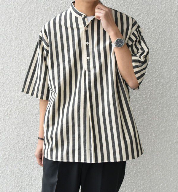 SHIPS any「SHIPS any: 〈洗濯機可能〉コットン/リネン ストライプ バンド スキッパー ハーフスリーブ シャツ◇」|シャツ・ブラウス|