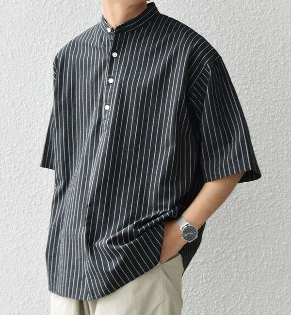 SHIPS any「SHIPS any: 〈洗濯機可能〉コットン/リネン ストライプ バンド スキッパー ハーフスリーブ シャツ◇」|シャツ・ブラウス|