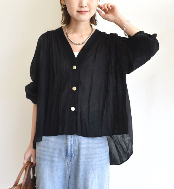 SHIPS for women「【WEB限定】〈手洗い可能〉シアー Vネック フレア シャツ カーディガン」|カーディガン|ブラック