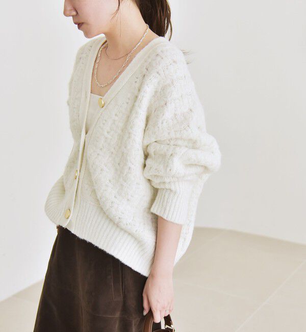 quaranciel「quaranciel: 透かし編み Vネック コンパクト ドルマンニットカーディガン」|カーディガン|