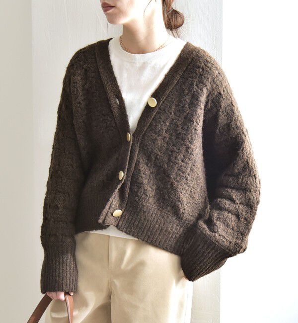 quaranciel「quaranciel: 透かし編み Vネック コンパクト ドルマンニットカーディガン」|カーディガン|