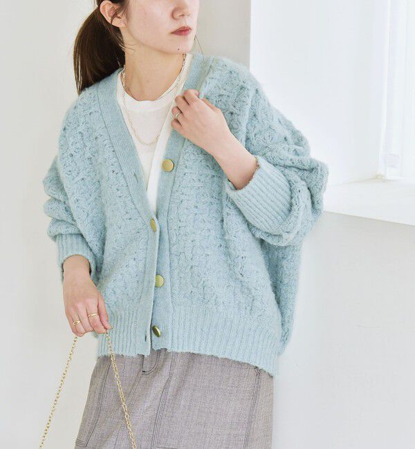 quaranciel「quaranciel: 透かし編み Vネック コンパクト ドルマンニットカーディガン」|カーディガン|