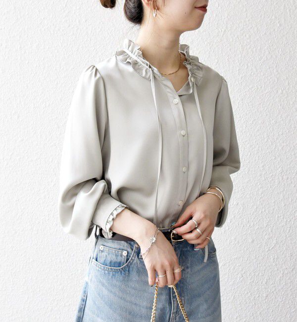SHIPS any「《一部追加予約》SHIPS any:〈洗濯機可能〉サテン フリル カラー リボン シャツ ブラウス」|シャツ・ブラウス|