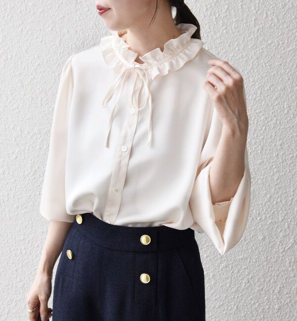 SHIPS any「《一部追加予約》SHIPS any:〈洗濯機可能〉サテン フリル カラー リボン シャツ ブラウス」|シャツ・ブラウス|