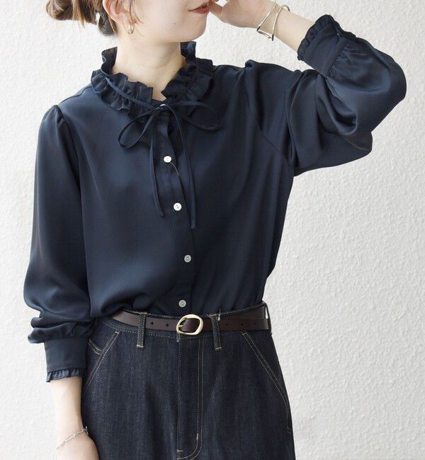 SHIPS any「《一部追加予約》SHIPS any:〈洗濯機可能〉サテン フリル カラー リボン シャツ ブラウス」|シャツ・ブラウス|