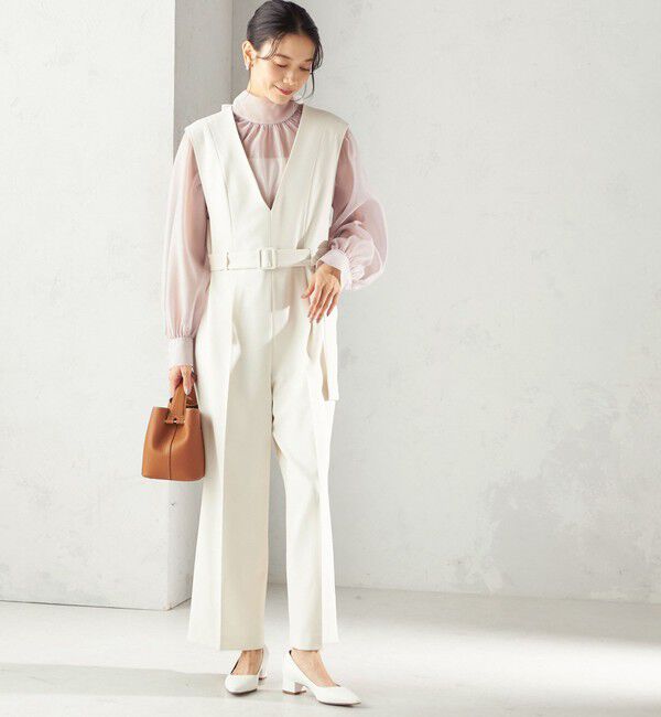 SHIPS for women「《予約》〈手洗い可能〉ダブル クロス Ｖネック ベルト付 オールインワン（セレモニー対応可）」|オールインワン|オフホワイト