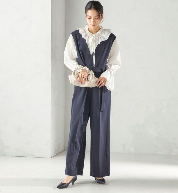 SHIPS for women「《予約》〈手洗い可能〉ダブル クロス Ｖネック ベルト付 オールインワン（セレモニー対応可）」|オールインワン|