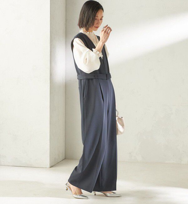 SHIPS for women「《予約》〈手洗い可能〉ダブル クロス Ｖネック ベルト付 オールインワン（セレモニー対応可）」|オールインワン|