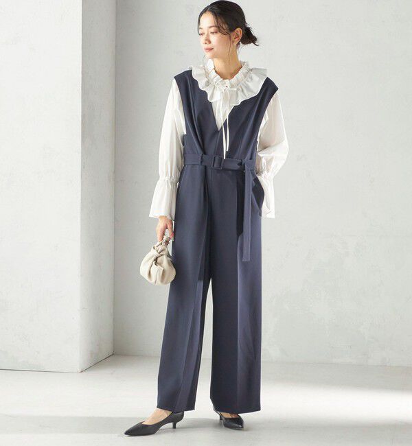 SHIPS for women「《予約》〈手洗い可能〉ダブル クロス Ｖネック ベルト付 オールインワン（セレモニー対応可）」|オールインワン|