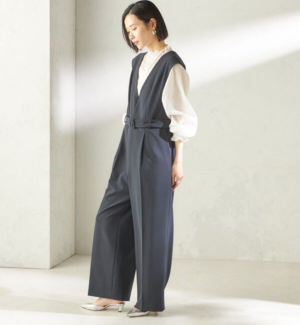 SHIPS for women「《予約》〈手洗い可能〉ダブル クロス Ｖネック ベルト付 オールインワン（セレモニー対応可）」|オールインワン|