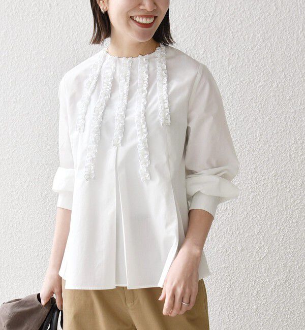 SHIPS any「《予約》SHIPS any:〈洗濯機可能〉REPREVE フリル クルーネック Aライン ブラウス」|シャツ・ブラウス|ホワイト