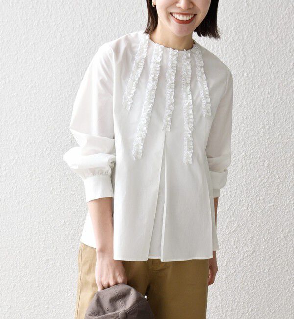 SHIPS any「《予約》SHIPS any:〈洗濯機可能〉REPREVE フリル クルーネック Aライン ブラウス」|シャツ・ブラウス|