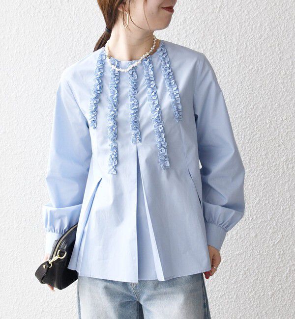 SHIPS any「《予約》SHIPS any:〈洗濯機可能〉REPREVE フリル クルーネック Aライン ブラウス」|シャツ・ブラウス|