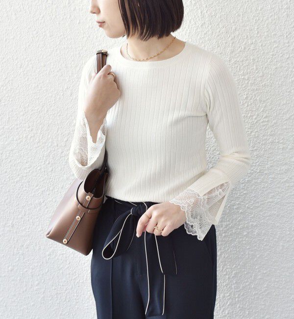 SHIPS Colors 「SHIPS Colors:〈手洗い可能〉レース カット オフ ワイド リブ ニット」|ニット・セーター|オフホワイト