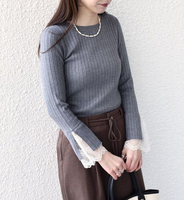 SHIPS Colors 「SHIPS Colors:〈手洗い可能〉レース カット オフ ワイド リブ ニット」|ニット・セーター|グレー