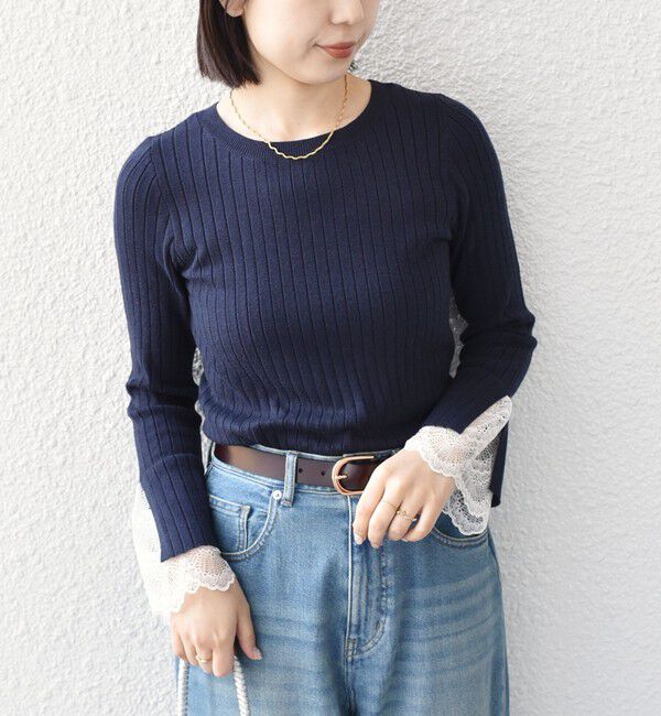 SHIPS Colors 「SHIPS Colors:〈手洗い可能〉レース カット オフ ワイド リブ ニット」|ニット・セーター|ネイビー