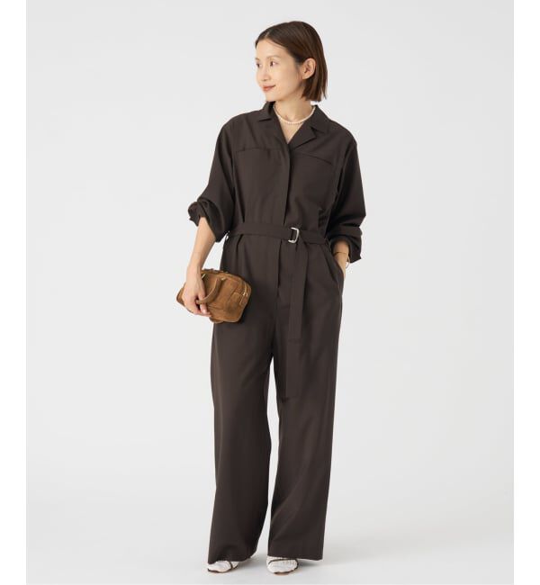 IENA「オープンカラージャンプスーツ」|オールインワン|ブラウン