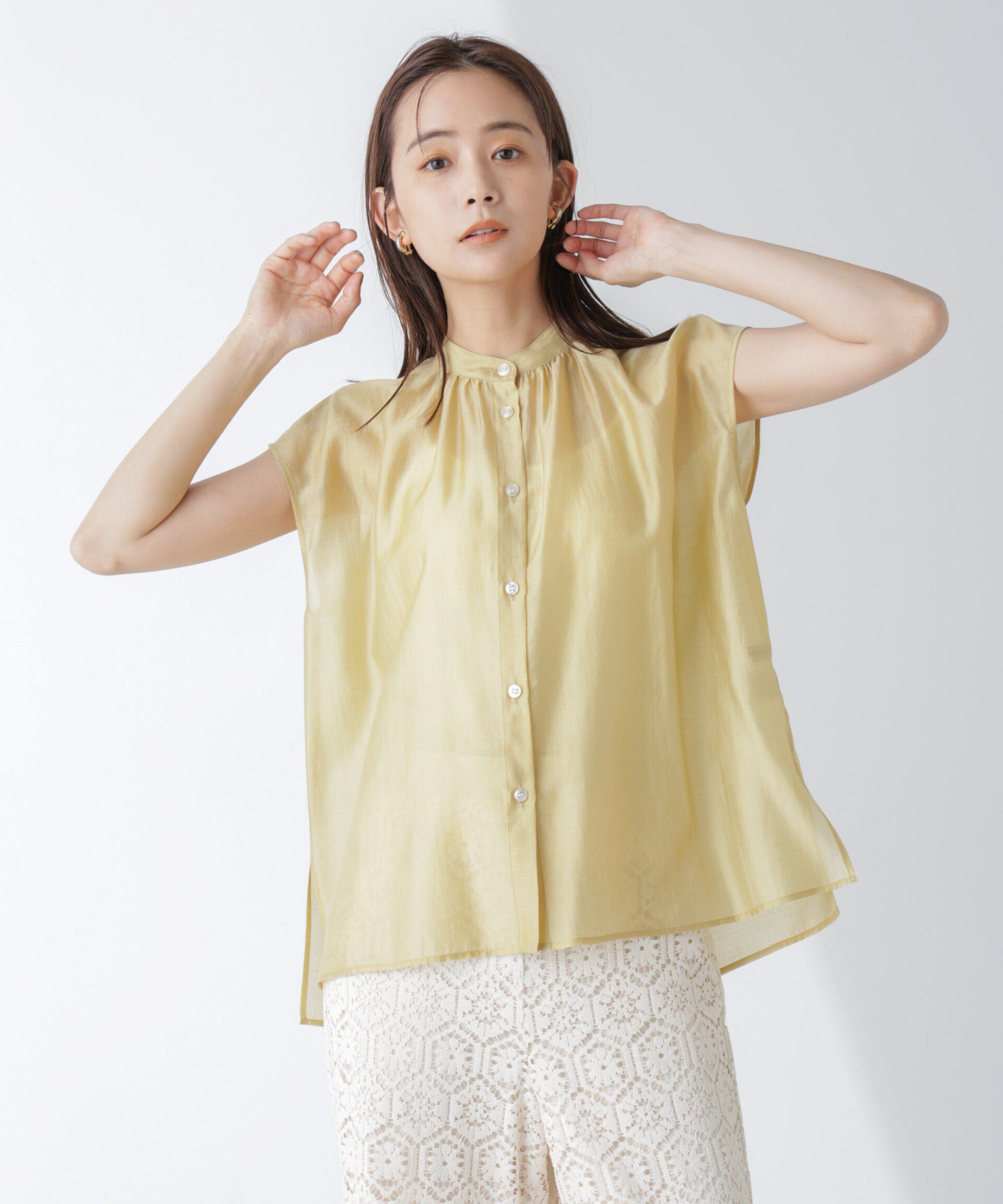 nano･universe「シアーサテンスタンドギャザーブラウス(セットアップ可)」|シャツ・ブラウス|