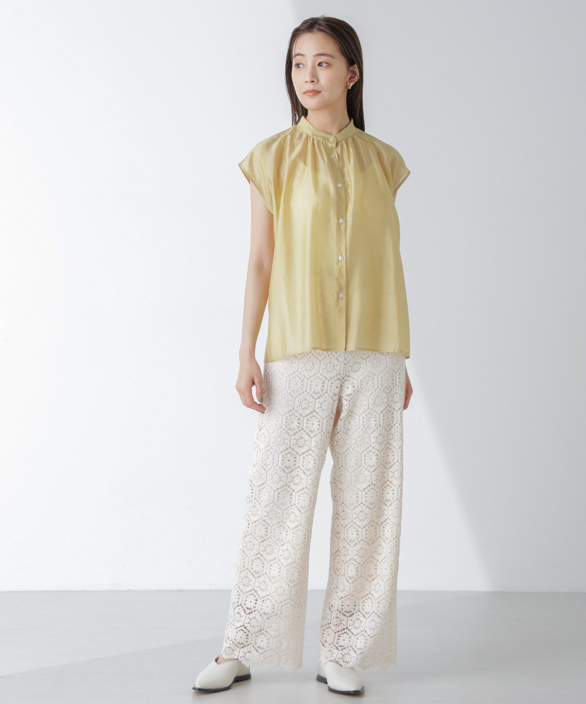 nano･universe「シアーサテンスタンドギャザーブラウス(セットアップ可)」|シャツ・ブラウス|