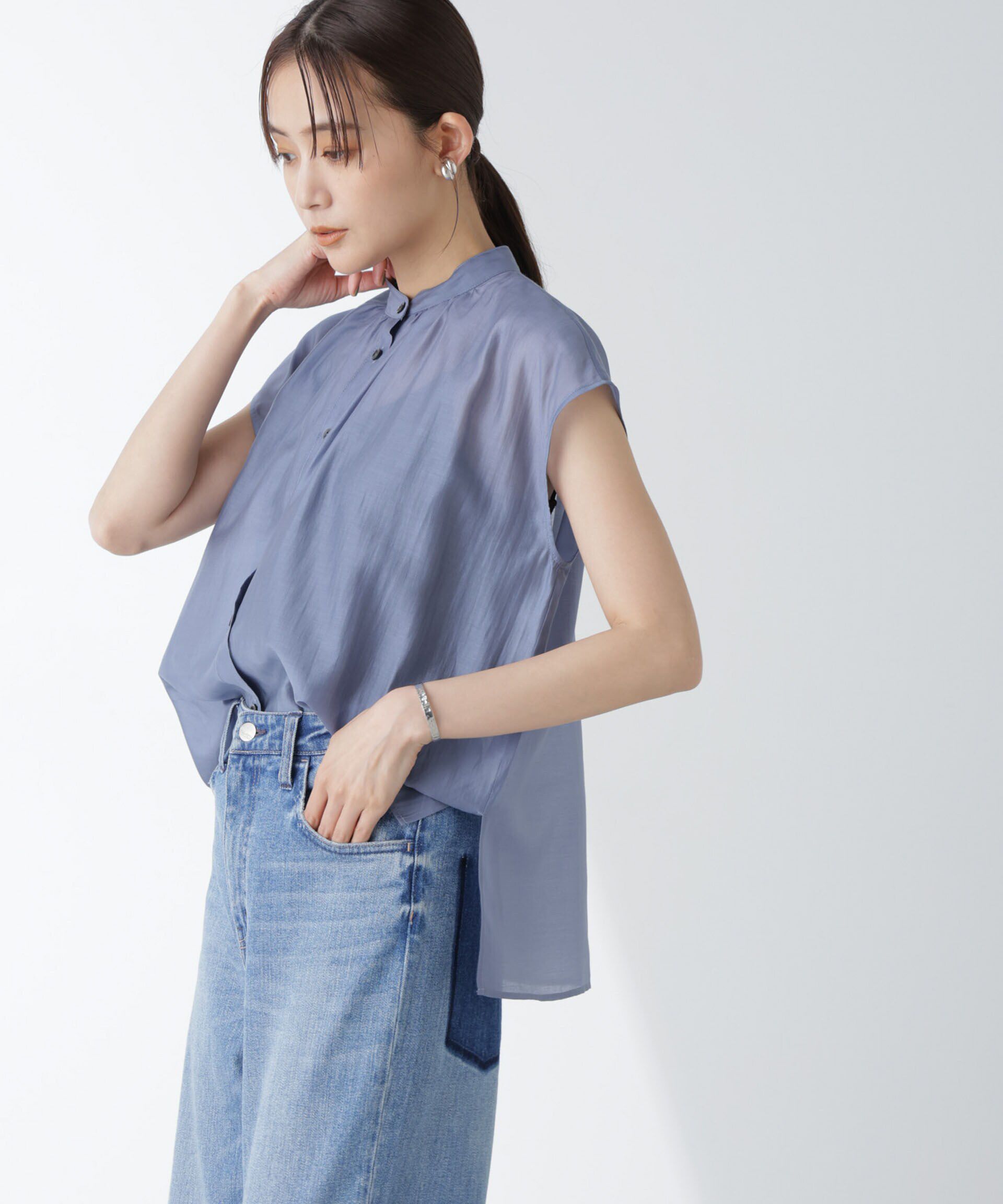 nano･universe「シアーサテンスタンドギャザーブラウス(セットアップ可)」|シャツ・ブラウス|